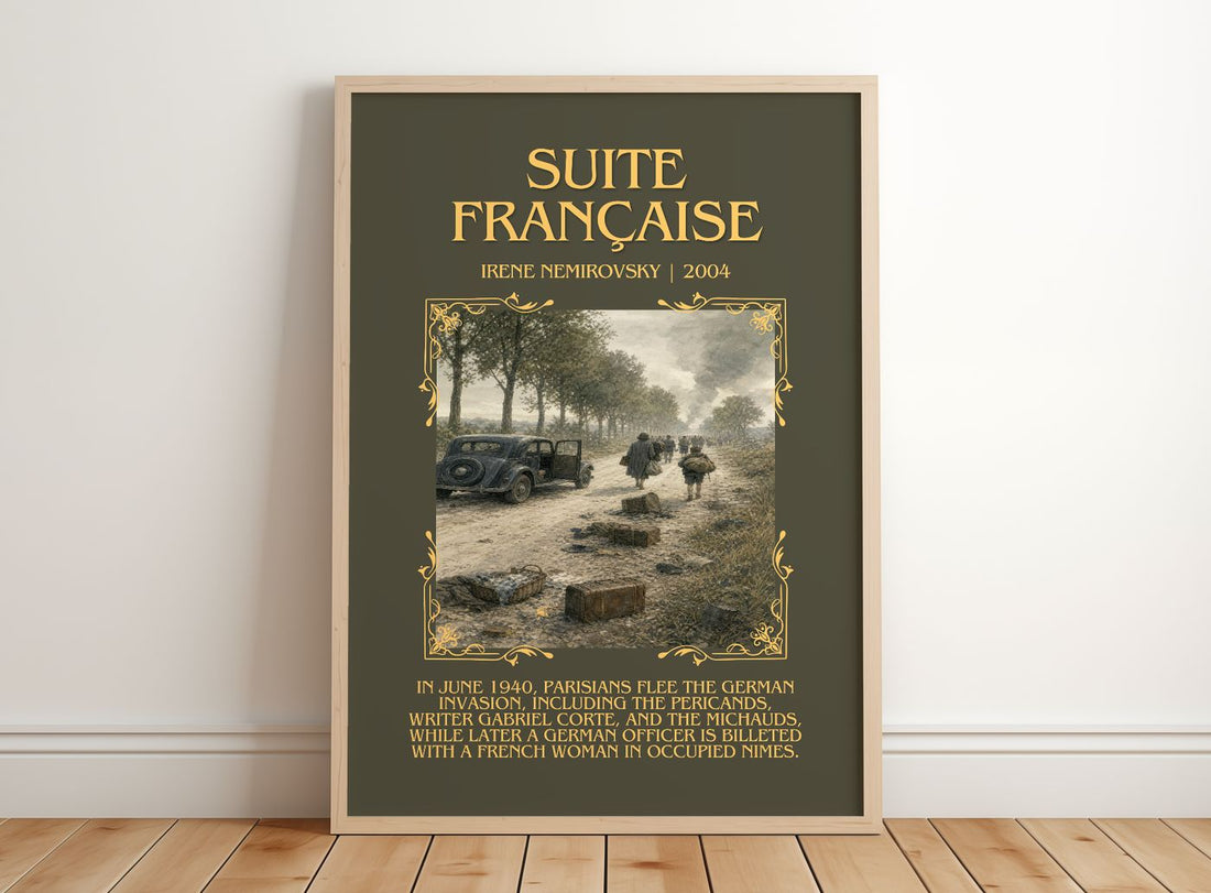 Suite Française Minimalist Book Poster by Irène Némirovsky – framed print leaning on a wooden floor