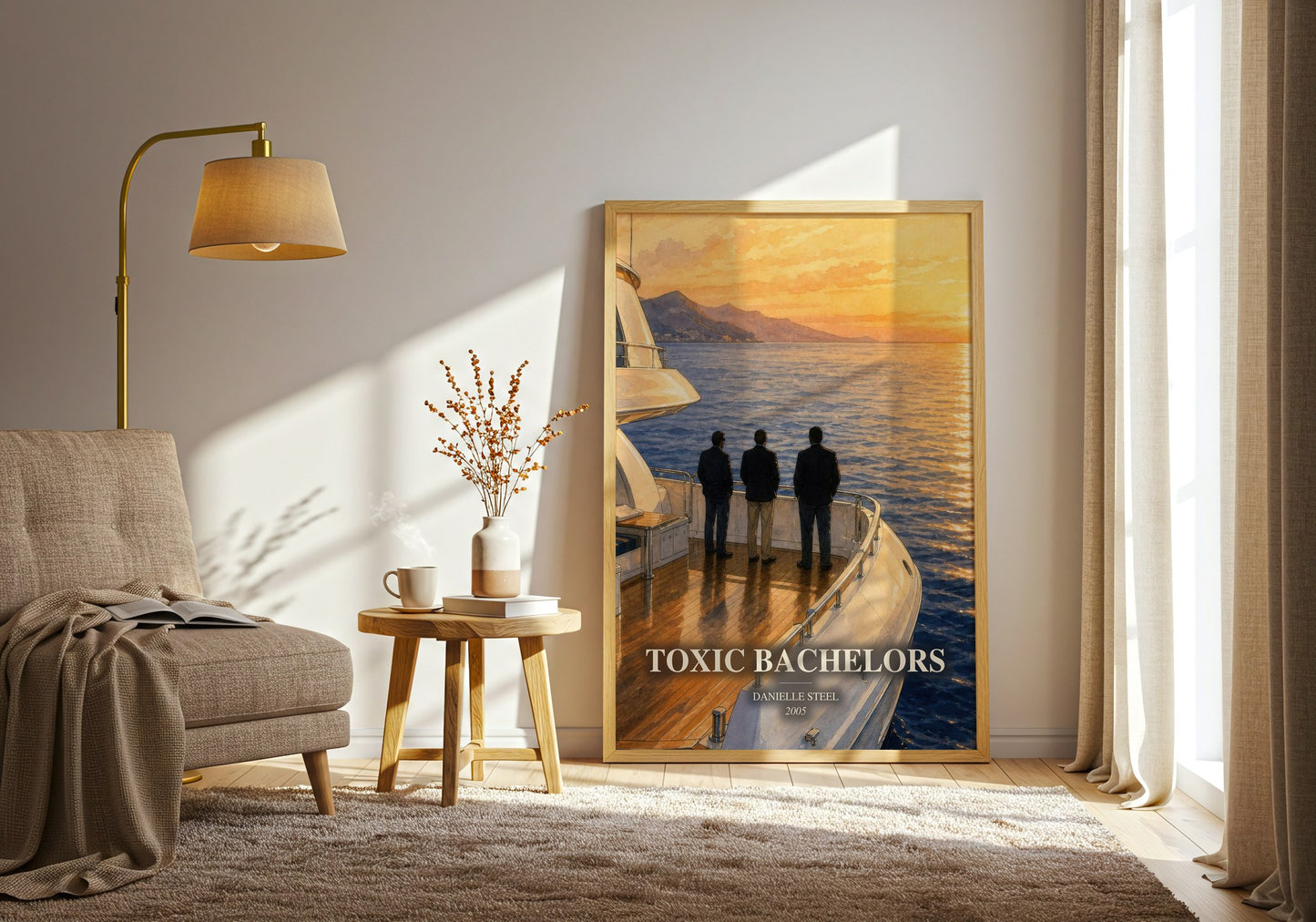 Toxic Bachelors watercolour print in frame leaning in hallway – romance wall art