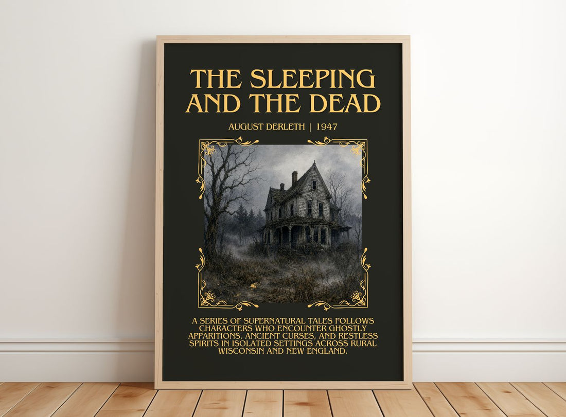 The Sleeping And The Dead Minimalist Book Poster by August Derleth – framed print leaning on a wooden floor