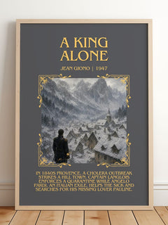 A King Alone Minimalist Book Poster by Jean Giono – framed print leaning on a wooden floor