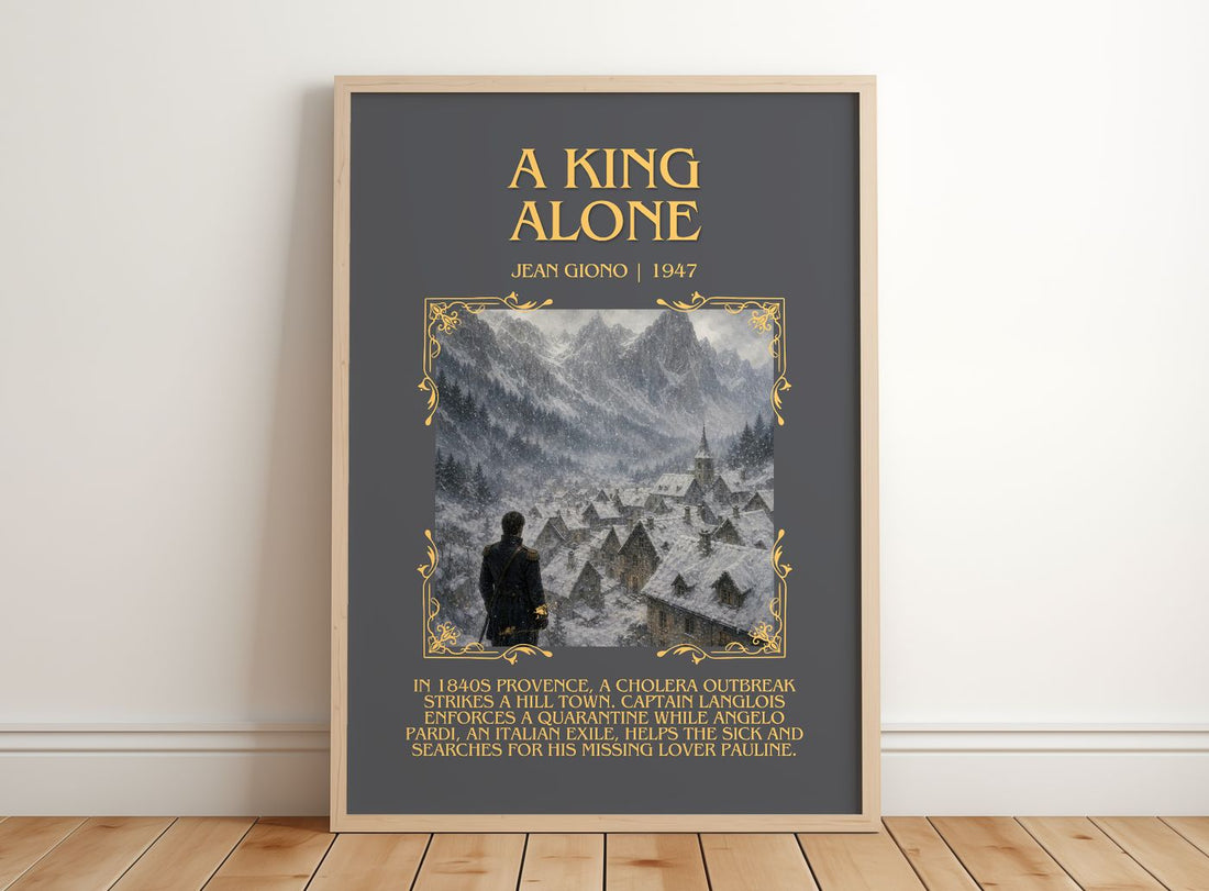 A King Alone Minimalist Book Poster by Jean Giono – framed print leaning on a wooden floor