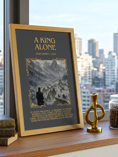 A King Alone Minimalist Book Poster by Jean Giono – framed print on a city-view windowsill