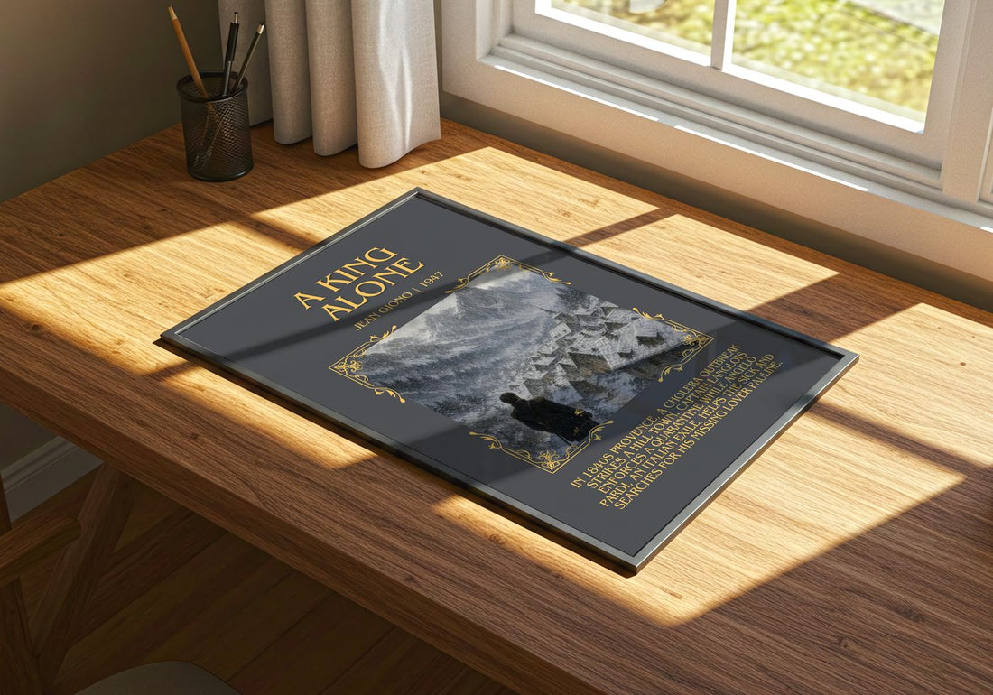 A King Alone Minimalist Book Poster by Jean Giono – print on a sunlit desk