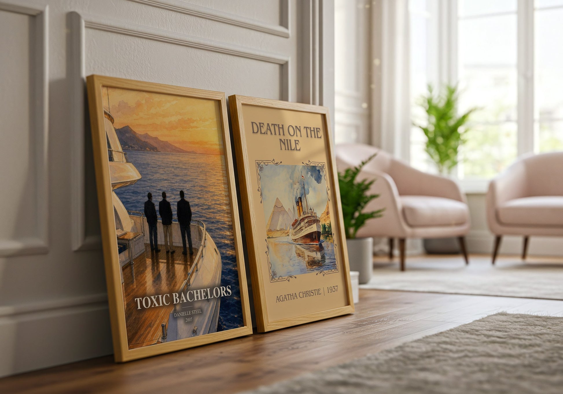 Toxic Bachelors watercolour print framed by window – literary home decor