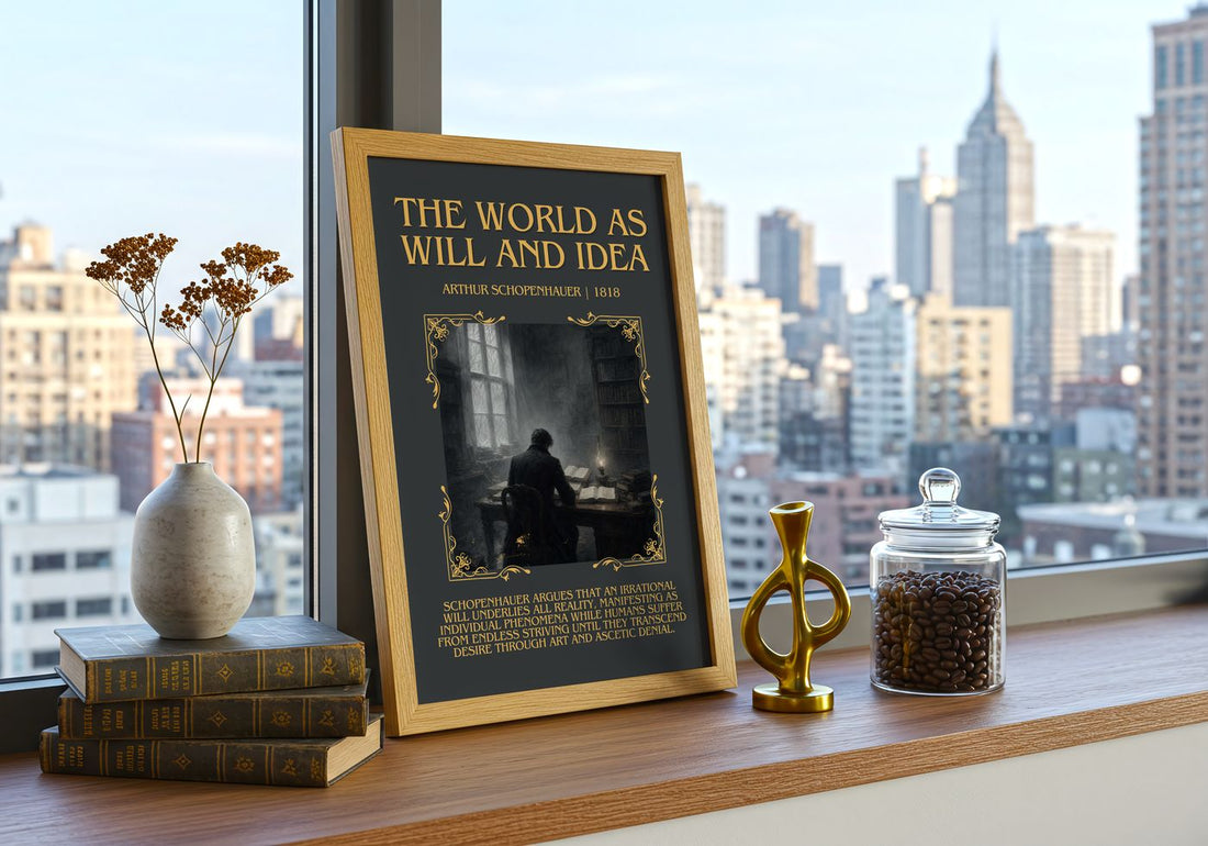 World as Will and Idea Minimalist Book Poster by Arthur Schopenhauer – framed print on a city-view windowsill