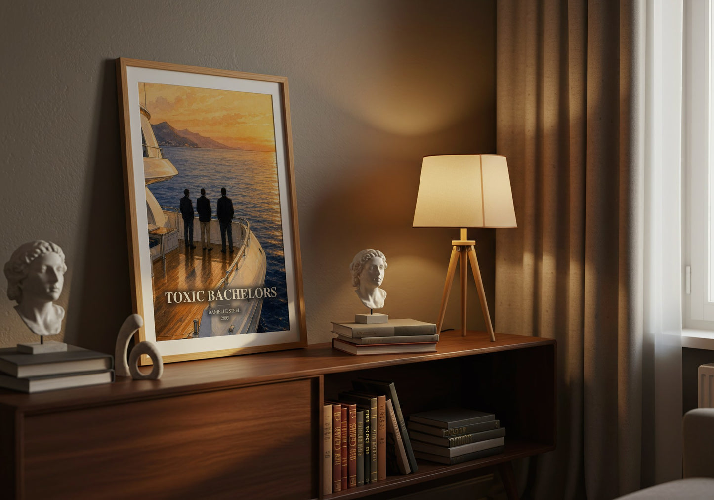 Toxic Bachelors watercolour print on bookshelf – Danielle Steel fan gift