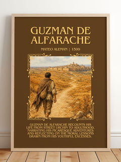 Guzmán de Alfarache Minimalist Book Poster by Mateo Alemán – framed print leaning on a wooden floor