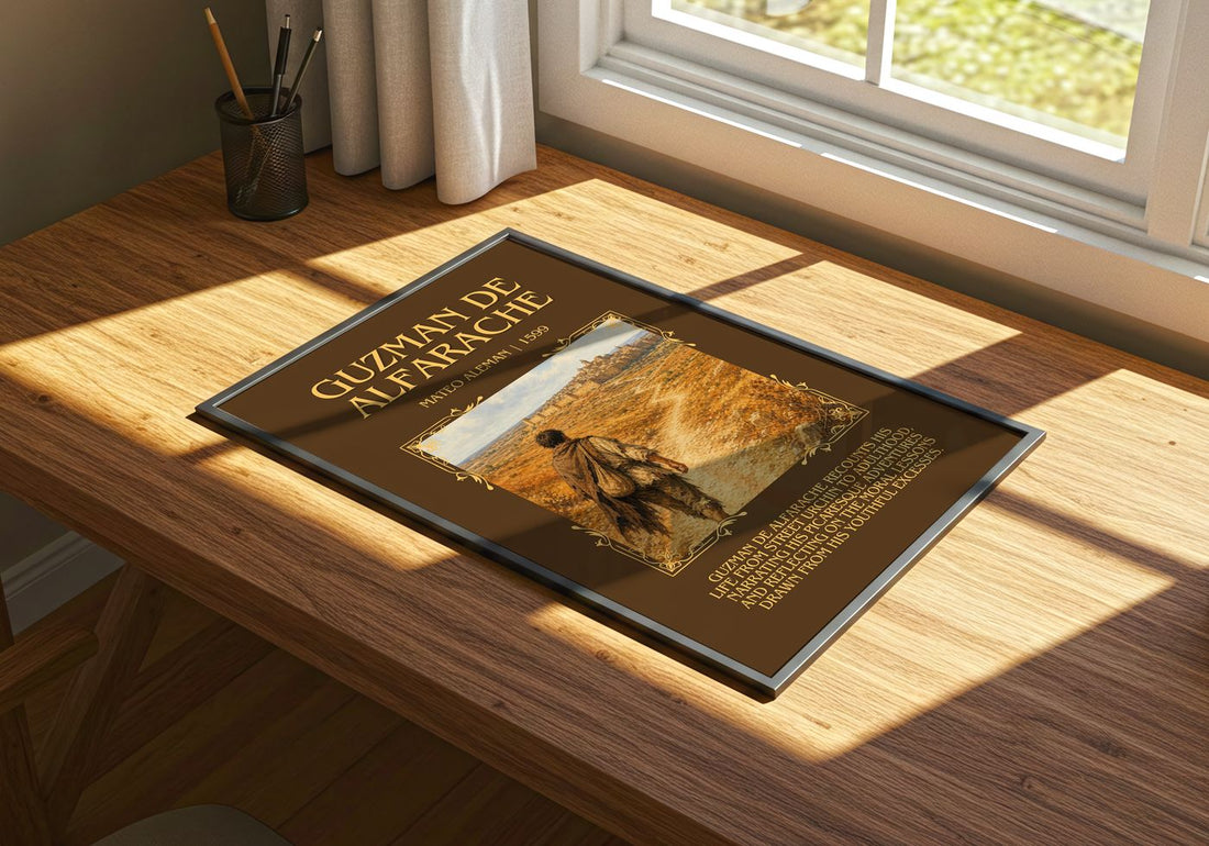 Guzmán de Alfarache Minimalist Book Poster by Mateo Alemán – print on a sunlit desk