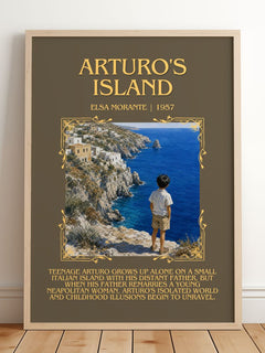 Arturo's Island Minimalist Book Poster by Elsa Morante – framed print leaning on a wooden floor