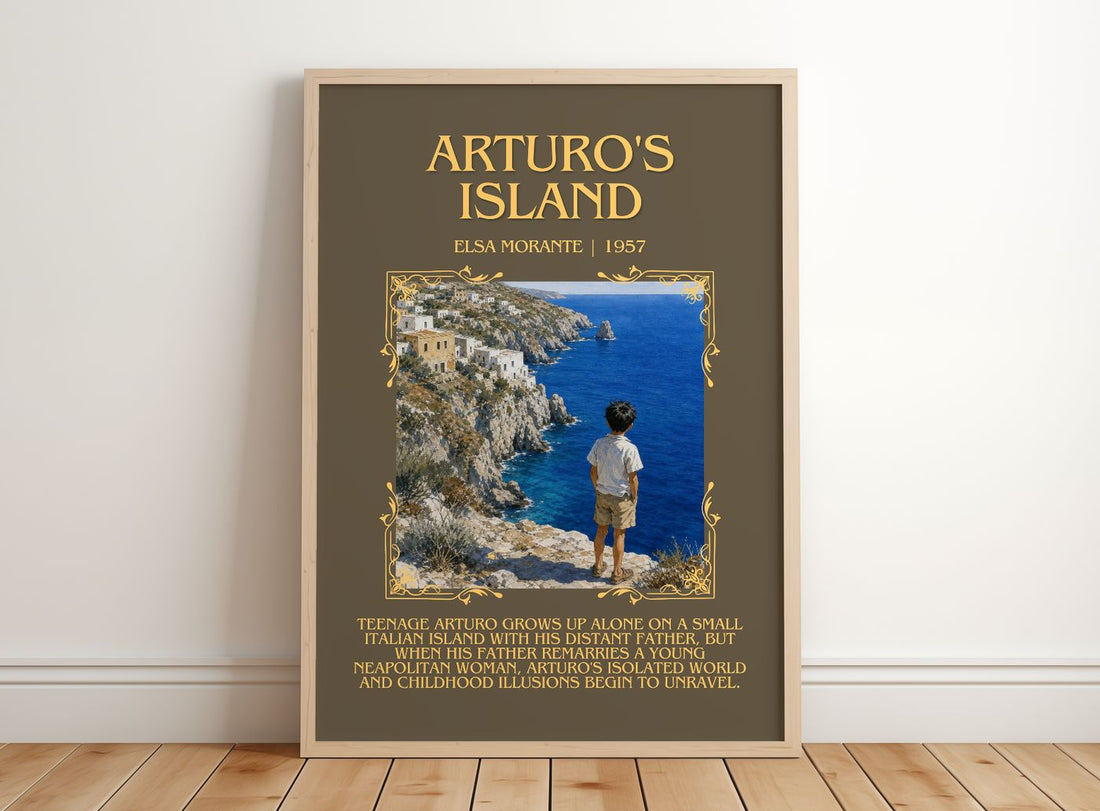 Arturo's Island Minimalist Book Poster by Elsa Morante – framed print leaning on a wooden floor