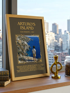 Arturo's Island Minimalist Book Poster by Elsa Morante – framed print on a city-view windowsill
