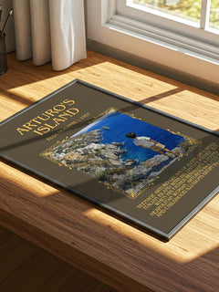 Arturo's Island Minimalist Book Poster by Elsa Morante – print on a sunlit desk