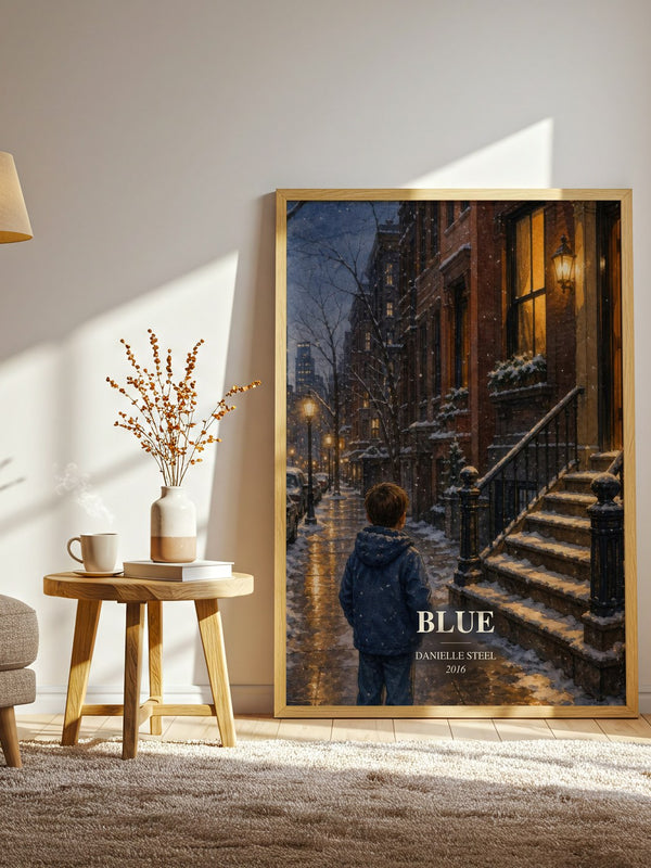 Blue watercolour print in frame leaning in hallway – contemporary fiction wall art