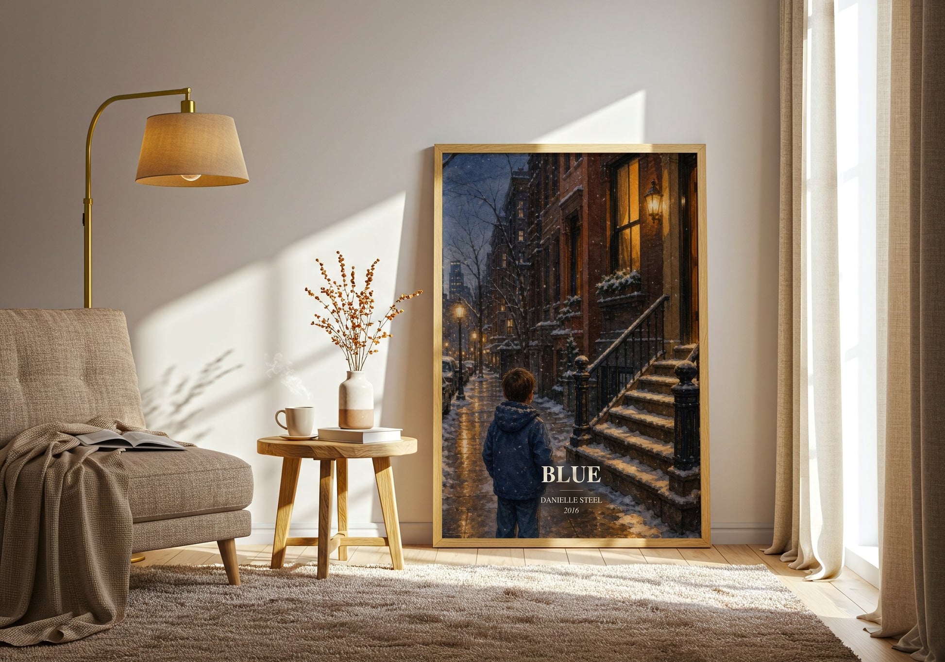 Blue watercolour print in frame leaning in hallway – contemporary fiction wall art