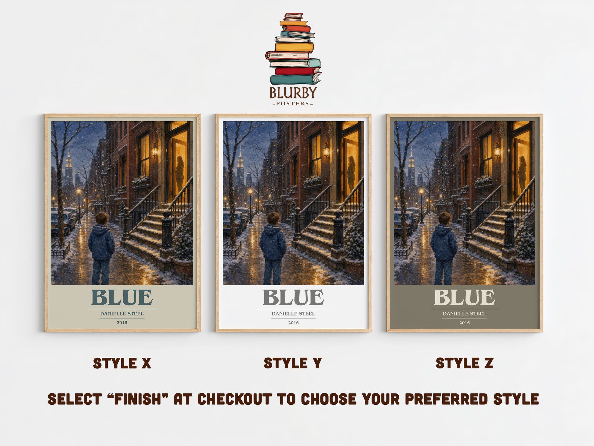 Blue book cover print in frame leaning in hallway – contemporary fiction wall art