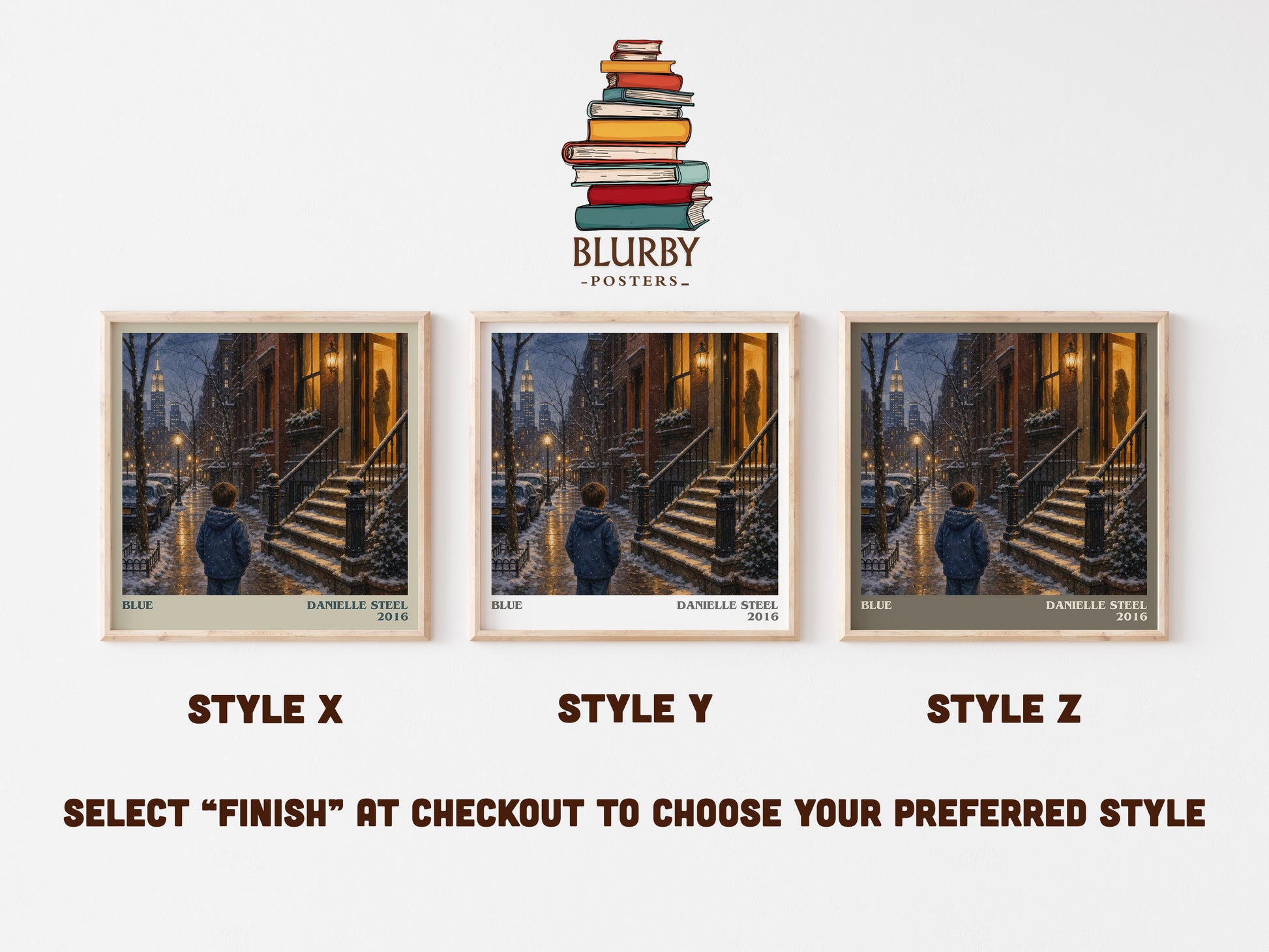 Blue literary print in frame leaning in hallway – contemporary fiction wall art