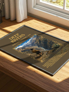 Deep Rivers Minimalist Book Poster by José María Arguedas – print on a sunlit desk