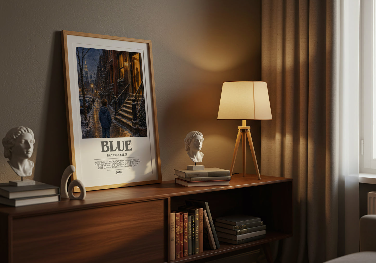 Blue bookish book poster framed on wall – contemporary fiction wall art
