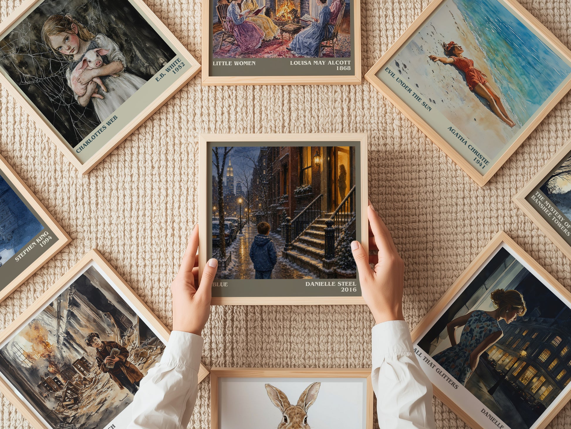 Blue literary book poster framed on wall – contemporary fiction wall art