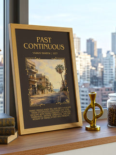Past Continuous Minimalist Book Poster by Yaakov Shabtai – framed print on a city-view windowsill