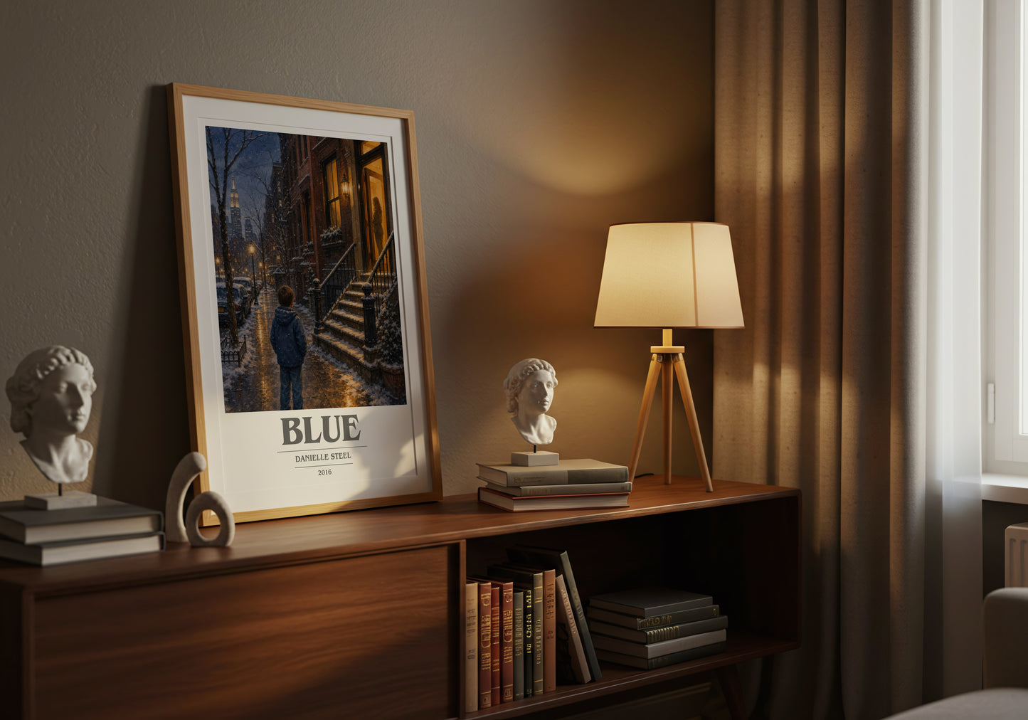 Blue book cover book poster framed on wall – contemporary fiction wall art