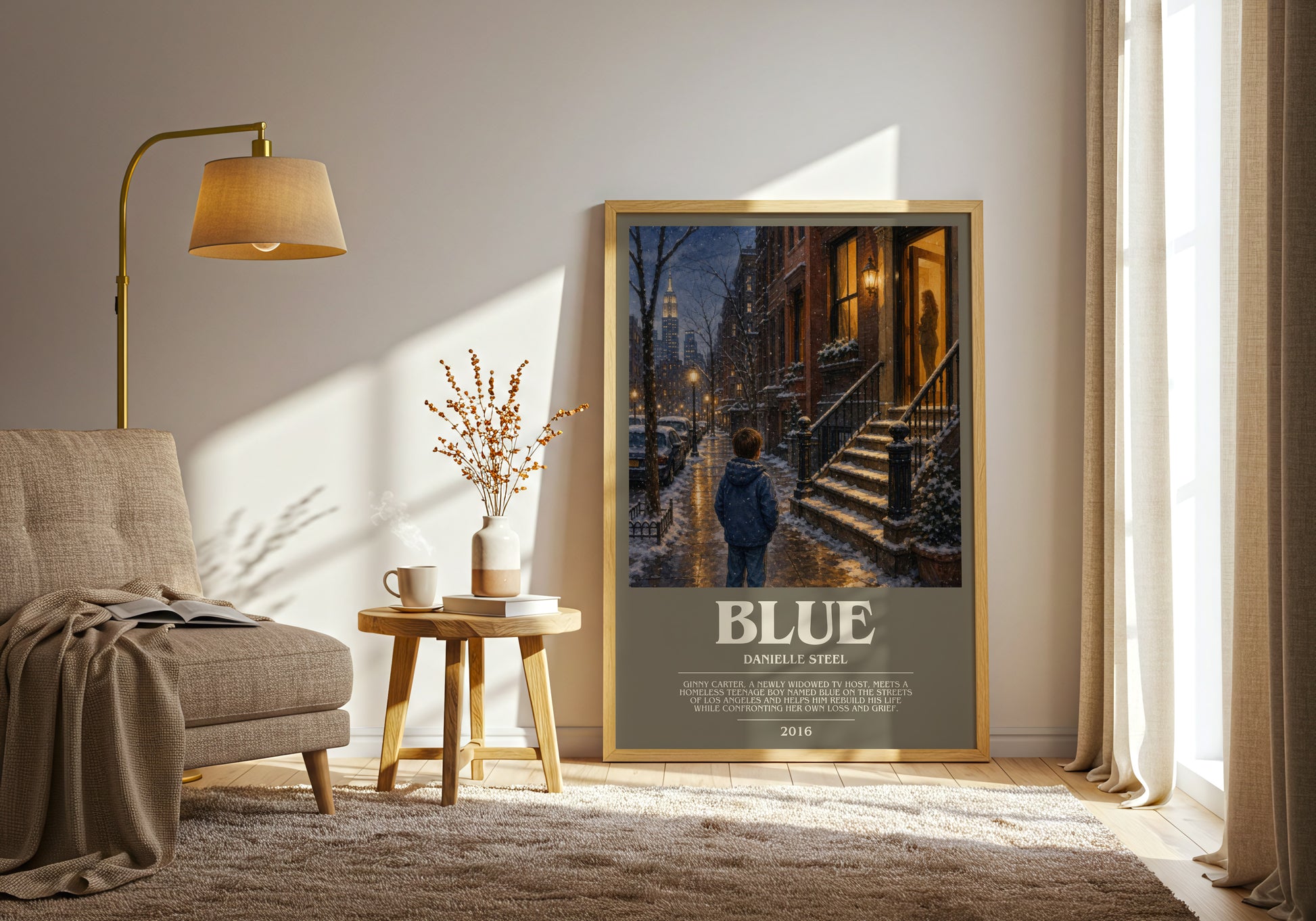 Blue bookish print on bookshelf – Danielle Steel fan gift