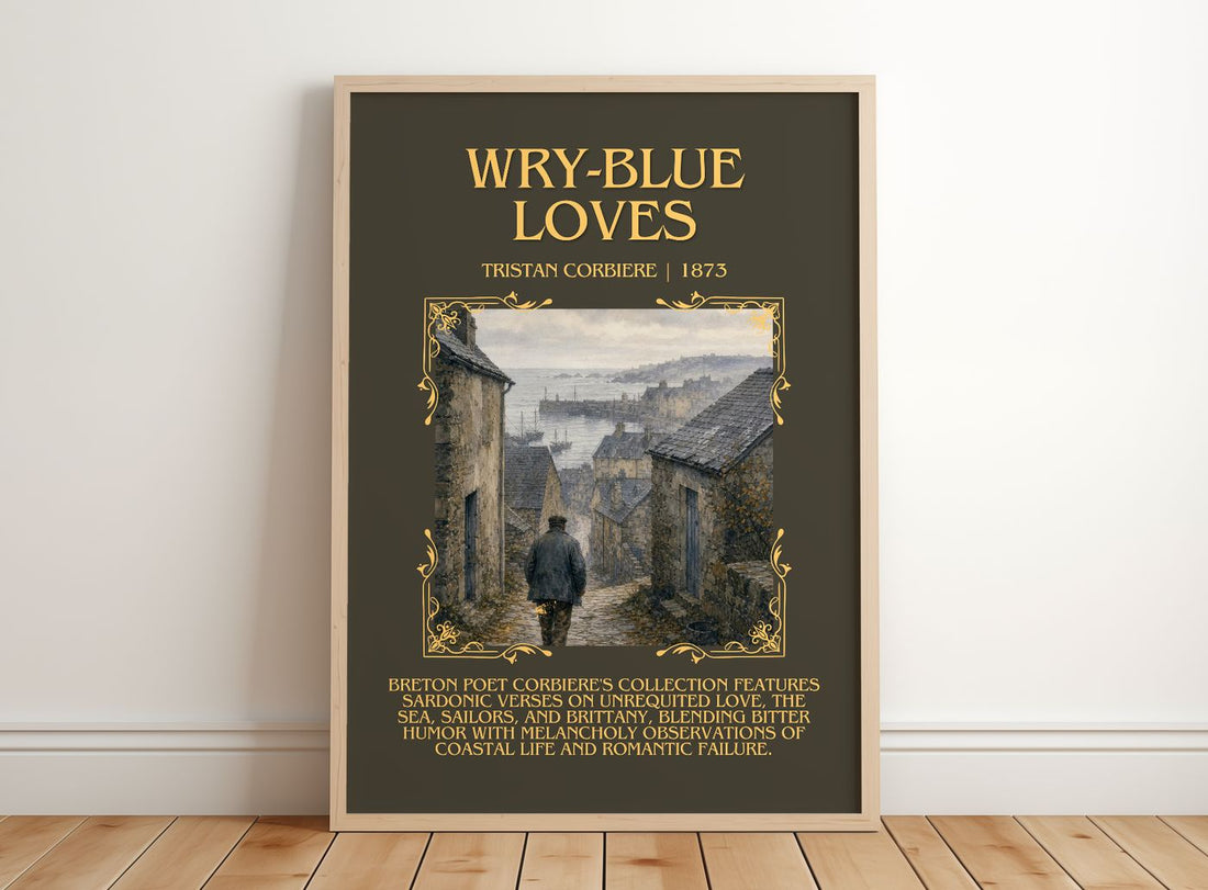 Wry-Blue Loves Minimalist Book Poster by Tristan Corbière – framed print leaning on a wooden floor