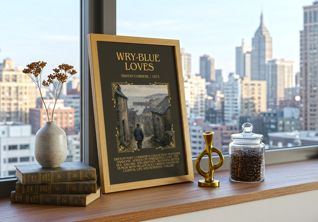 Wry-Blue Loves Minimalist Book Poster by Tristan Corbière – framed print on a city-view windowsill