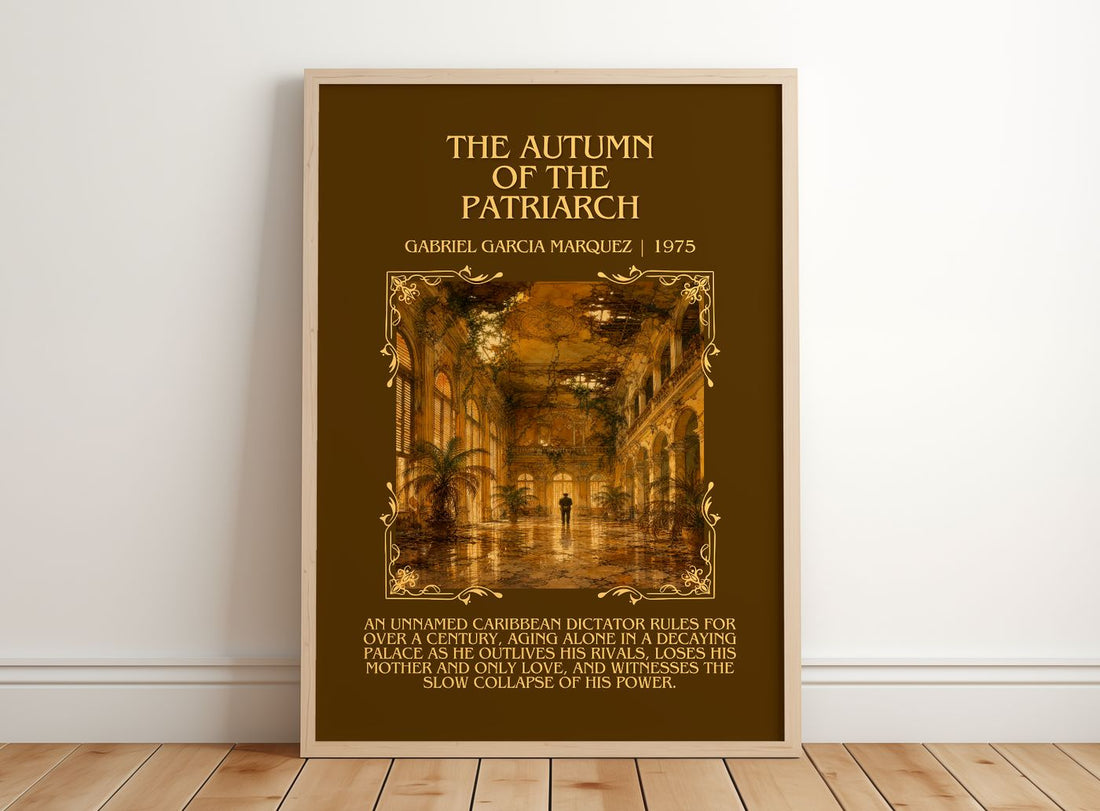 Autumn of the Patriarch Minimalist Book Poster by G. Márquez – framed print leaning on a wooden floor