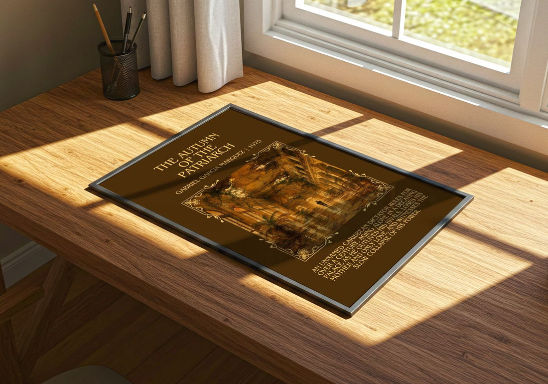 Autumn of the Patriarch Minimalist Book Poster by G. Márquez – print on a sunlit desk