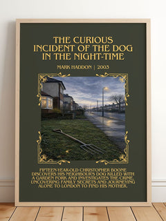 The Curious Incident of the Dog in the Night-time Minimalist Book Poster by Mark Haddon – framed print leaning on a wooden floor