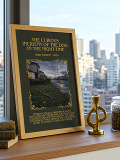 The Curious Incident of the Dog in the Night-time Minimalist Book Poster by Mark Haddon – framed print on a city-view windowsill
