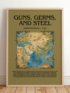 Guns, Germs, and Steel Minimalist Book Poster by Jared Diamond – framed print leaning on a wooden floor