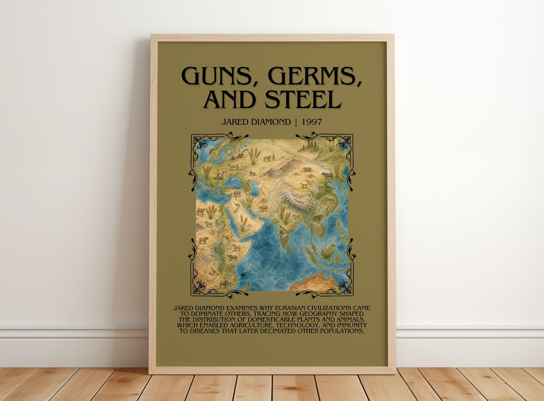 Guns, Germs, and Steel Minimalist Book Poster by Jared Diamond – framed print leaning on a wooden floor