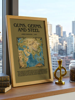 Guns, Germs, and Steel Minimalist Book Poster by Jared Diamond – framed print on a city-view windowsill