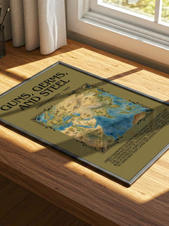 Guns, Germs, and Steel Minimalist Book Poster by Jared Diamond – print on a sunlit desk