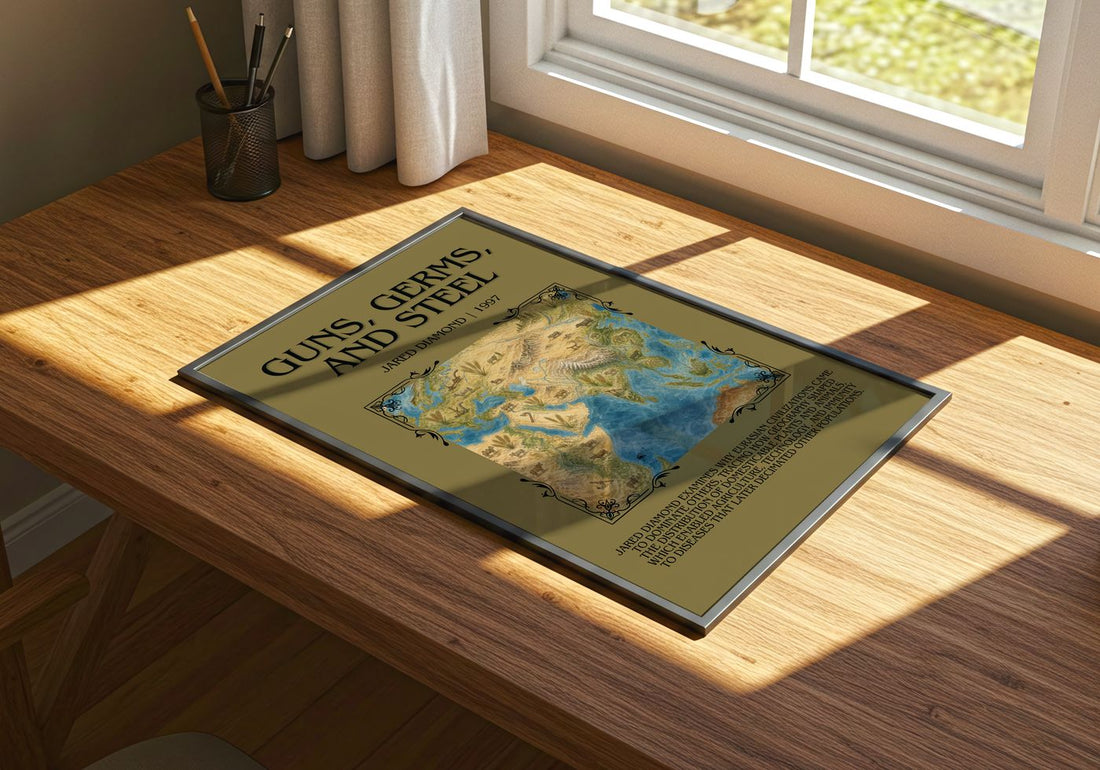 Guns, Germs, and Steel Minimalist Book Poster by Jared Diamond – print on a sunlit desk