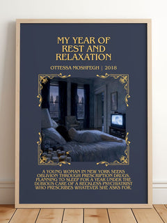 My Year of Rest and Relaxation Minimalist Book Poster by O. Moshfegh – framed print leaning on a wooden floor