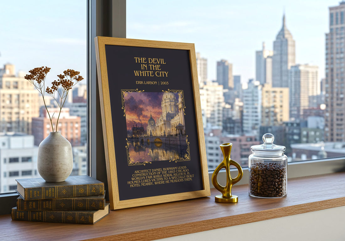 The Devil In The White City Minimalist Book Poster by Erik Larson – framed print on a city-view windowsill
