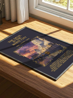 The Devil In The White City Minimalist Book Poster by Erik Larson – print on a sunlit desk