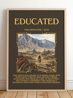 Educated Minimalist Book Poster by Tara Westover – framed print leaning on a wooden floor
