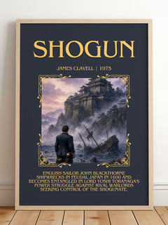 Shogun Minimalist Book Poster by James Clavell – framed print leaning on a wooden floor