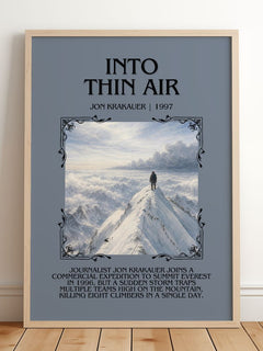 Into Thin Air Minimalist Book Poster by Jon Krakauer – framed print leaning on a wooden floor