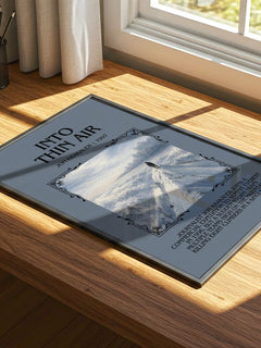 Into Thin Air Minimalist Book Poster by Jon Krakauer – print on a sunlit desk