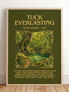 Tuck Everlasting Minimalist Book Poster by Natalie Babbitt – framed print leaning on a wooden floor