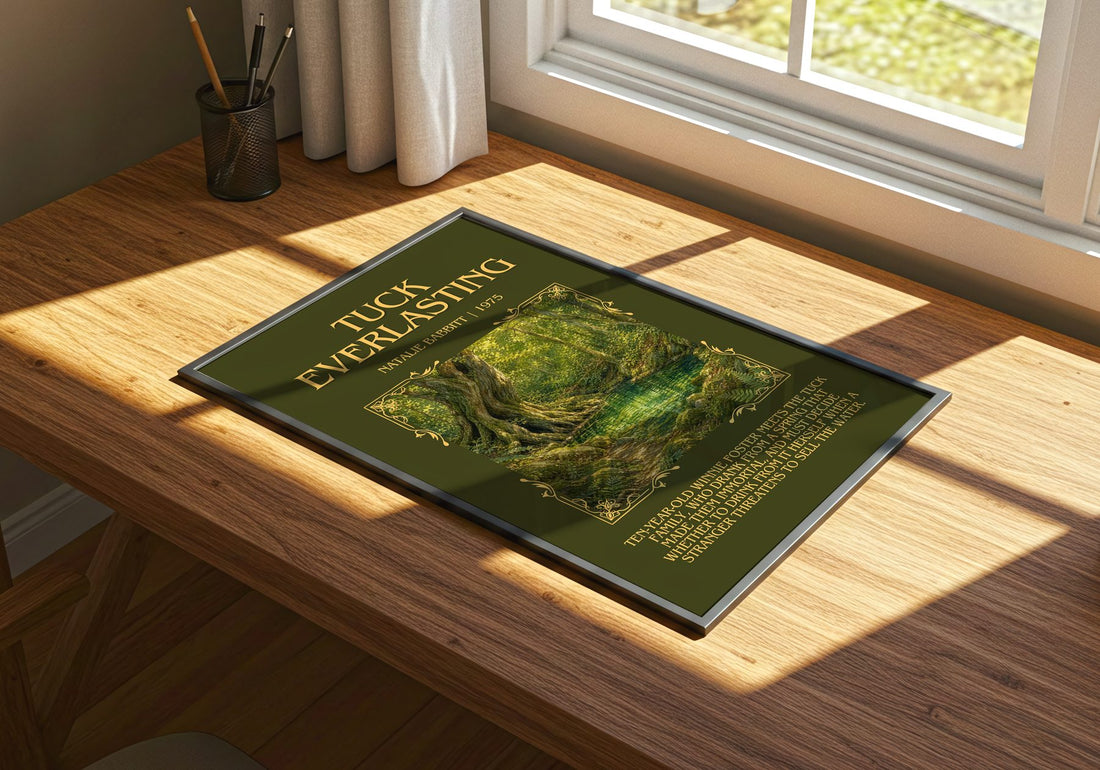 Tuck Everlasting Minimalist Book Poster by Natalie Babbitt – print on a sunlit desk