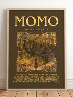 Momo Minimalist Book Poster by Michael Ende – framed print leaning on a wooden floor