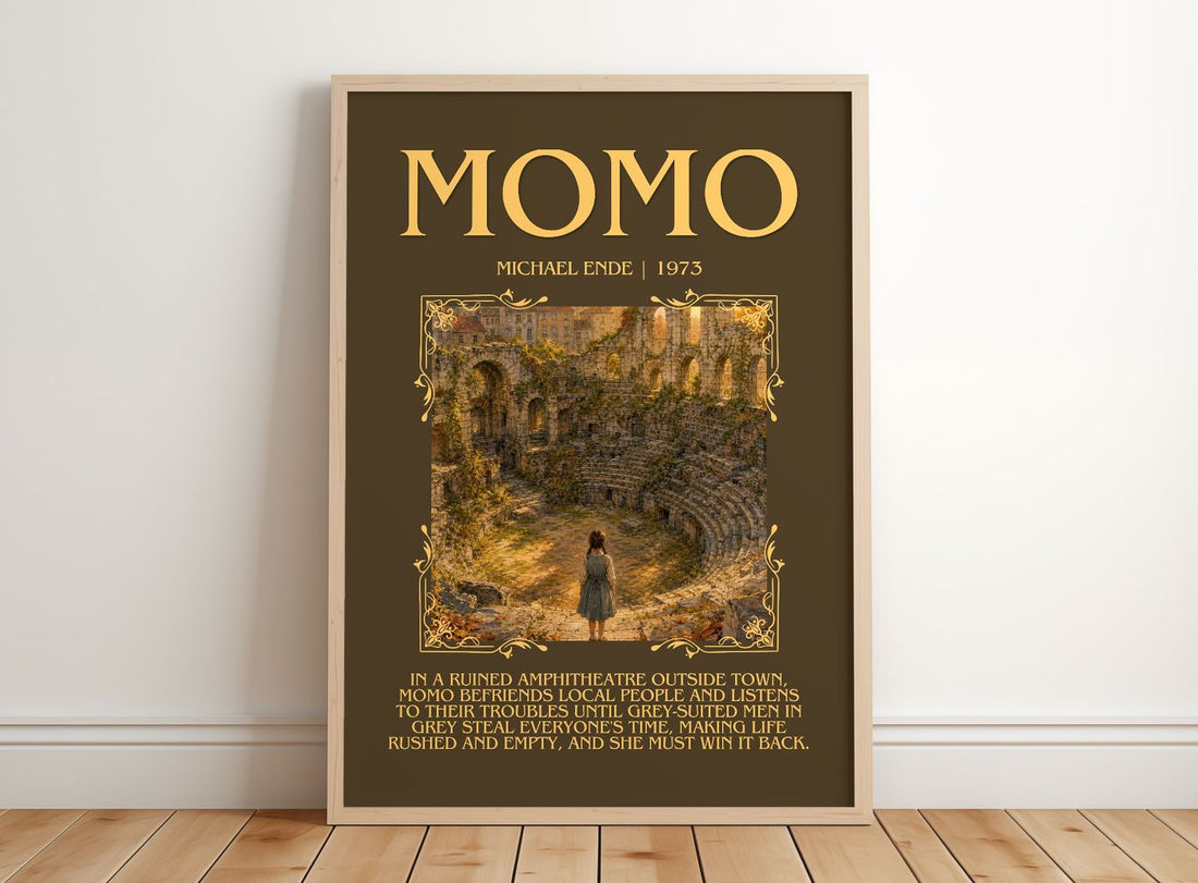 Momo Minimalist Book Poster by Michael Ende – framed print leaning on a wooden floor