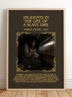 Incidents in the Life of a Slave Girl Minimalist Book Poster by Harriet Jacobs – framed print leaning on a wooden floor