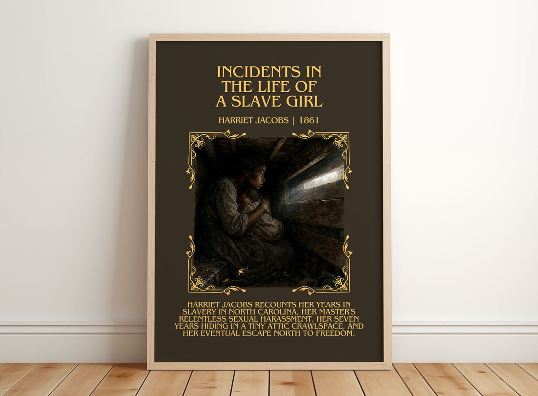 Incidents in the Life of a Slave Girl Minimalist Book Poster by Harriet Jacobs – framed print leaning on a wooden floor